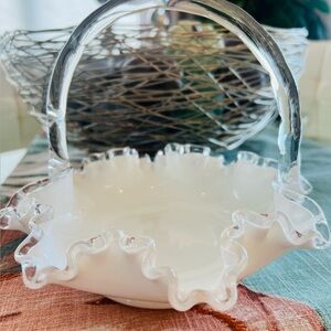 Vintage Fenton Silver Crest White Milk Glass Basket Clear Ruffled Edge